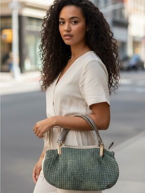 LaTique Anastasia Handbag in Blue Pleated studded Denim fabric with Stones NWOT